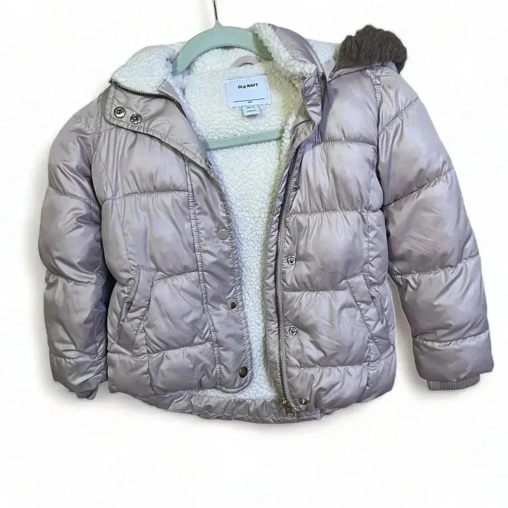 Old Navy‎ Girls Sherpa Lined Pink Hooded Puffer Jacket Sz S (6-7) Faux Fur Snow